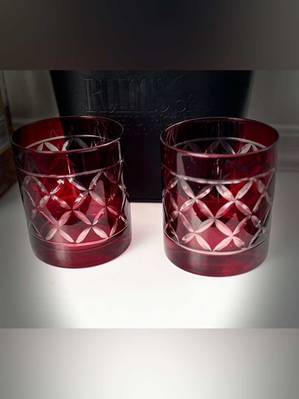 Ruby Red Cut Glass Double Old Fashioned Tumblers - Set of 2